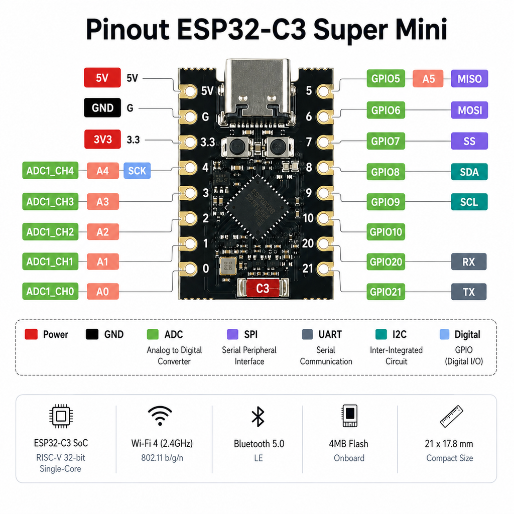 ESP32-C3 Super Mini USB-C Wi-Fi + Bluetooth BLE 5