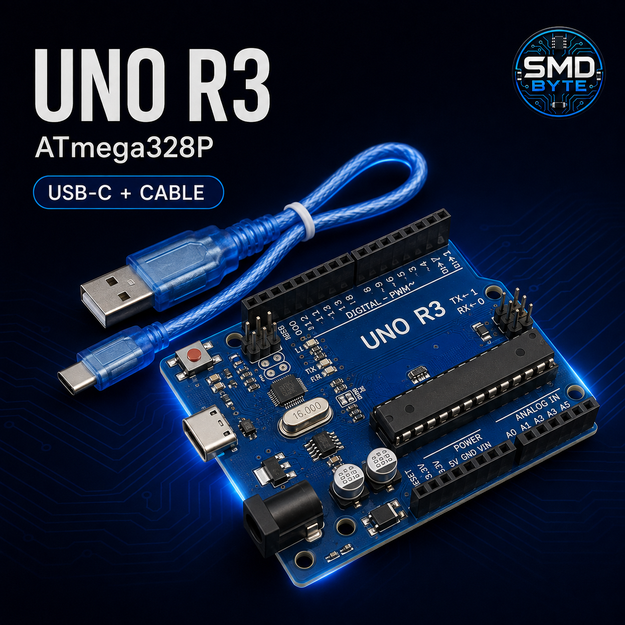 Microcontrolador UNO R3 ATmega328P USB-C con cable