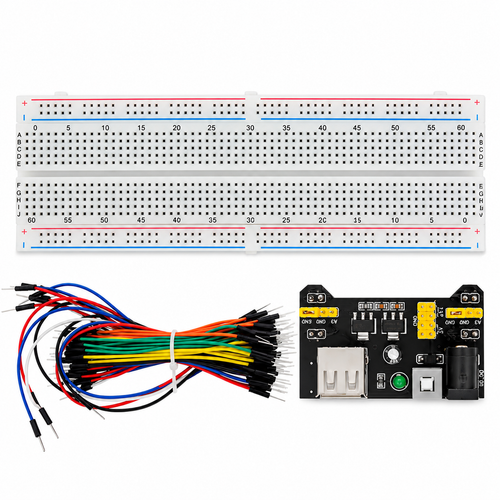 Contenido del kit protoboard MB102: placa de pruebas, cables puente macho–macho y módulo de alimentación