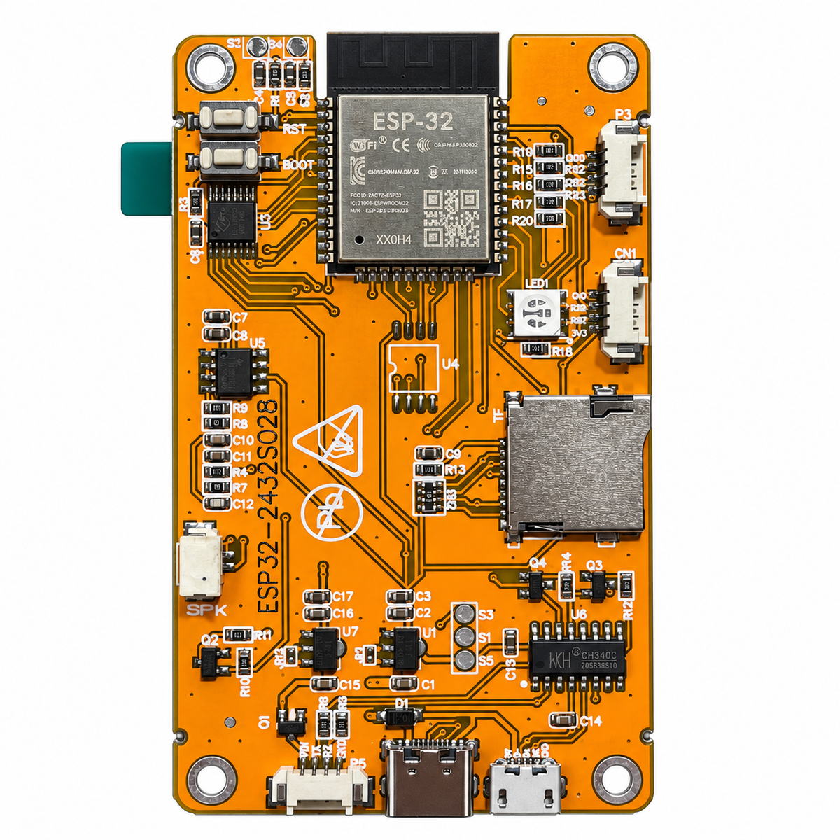 ESP32-2432S028 vista posterior de circuito ESP32 y microSD sobre fondo blanco