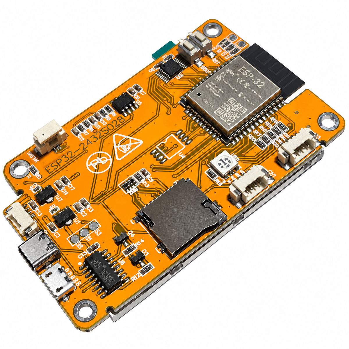 ESP32-2432S028 placa en perspectiva diagonal con fondo blanco