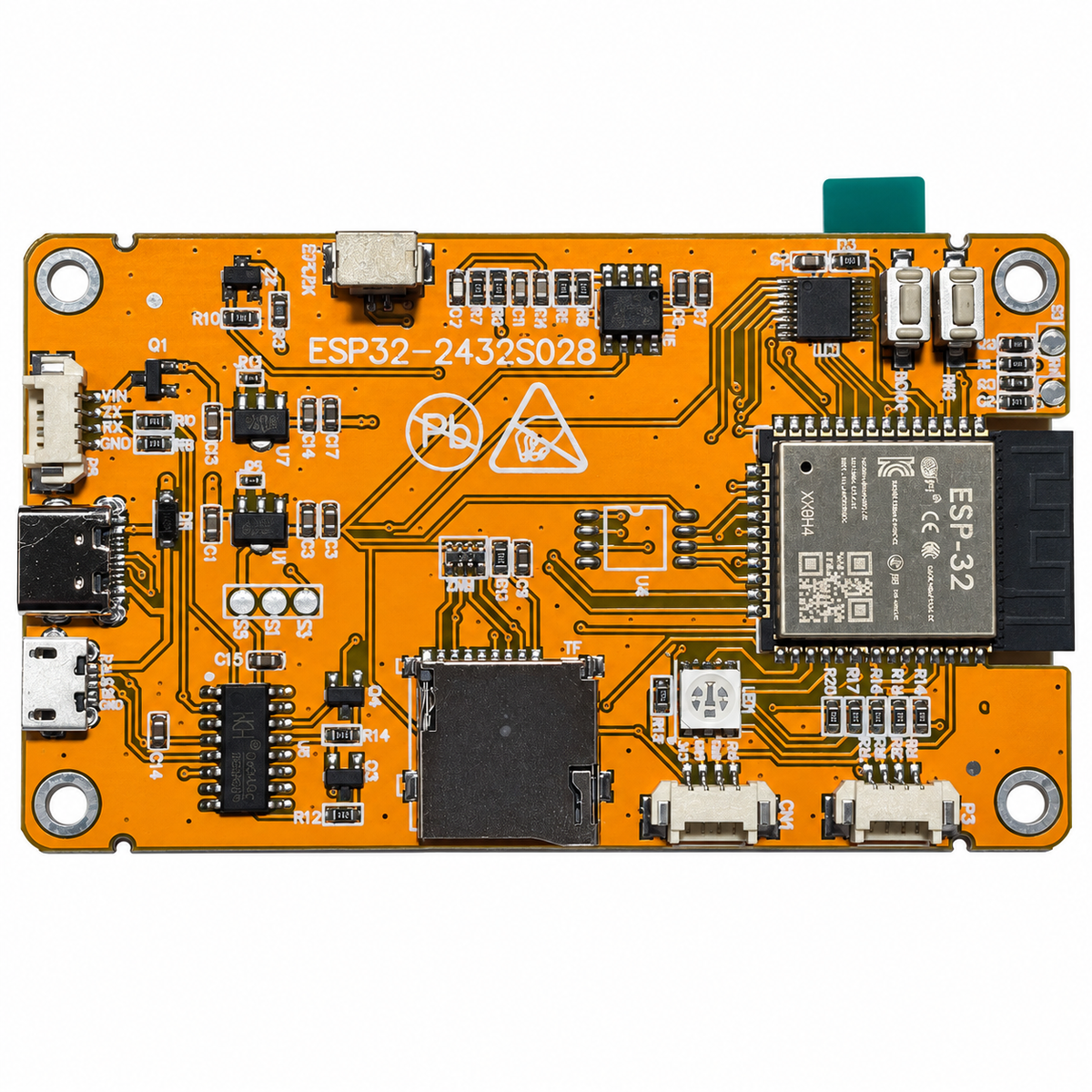 ESP32-2432S028 placa posterior vista horizontal y fondo blanco
