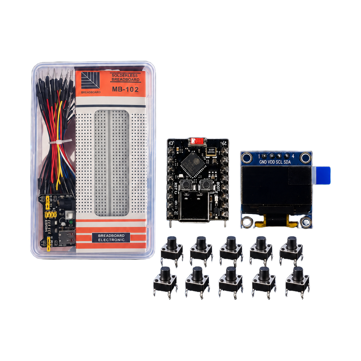 Kit SMD Basic con protoboard, ESP32-C3, pantalla OLED y 10 pulsadores sobre fondo blanco