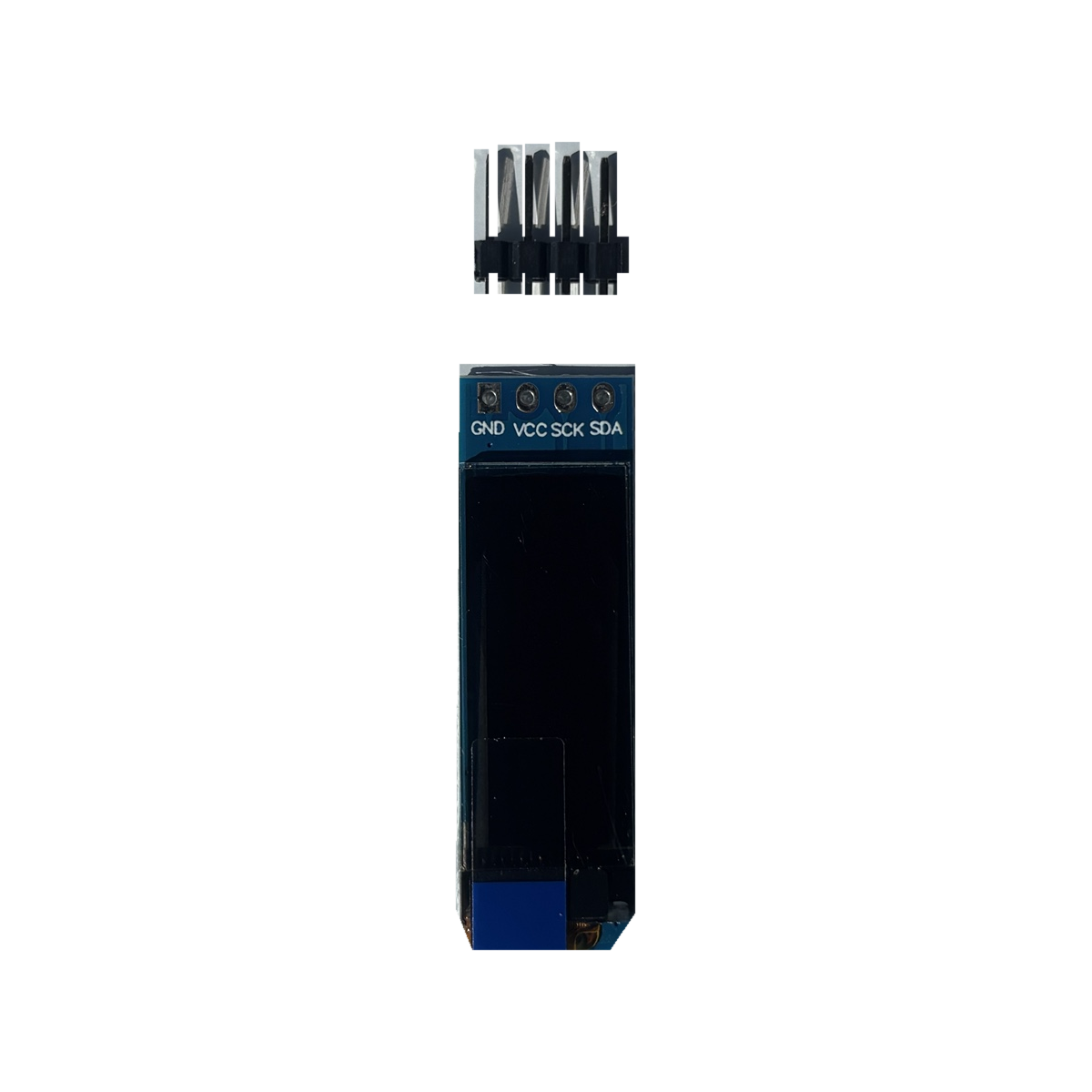 Pantalla OLED 0,91 pulgadas I2C vista frontal real con pines separados sobre fondo blanco