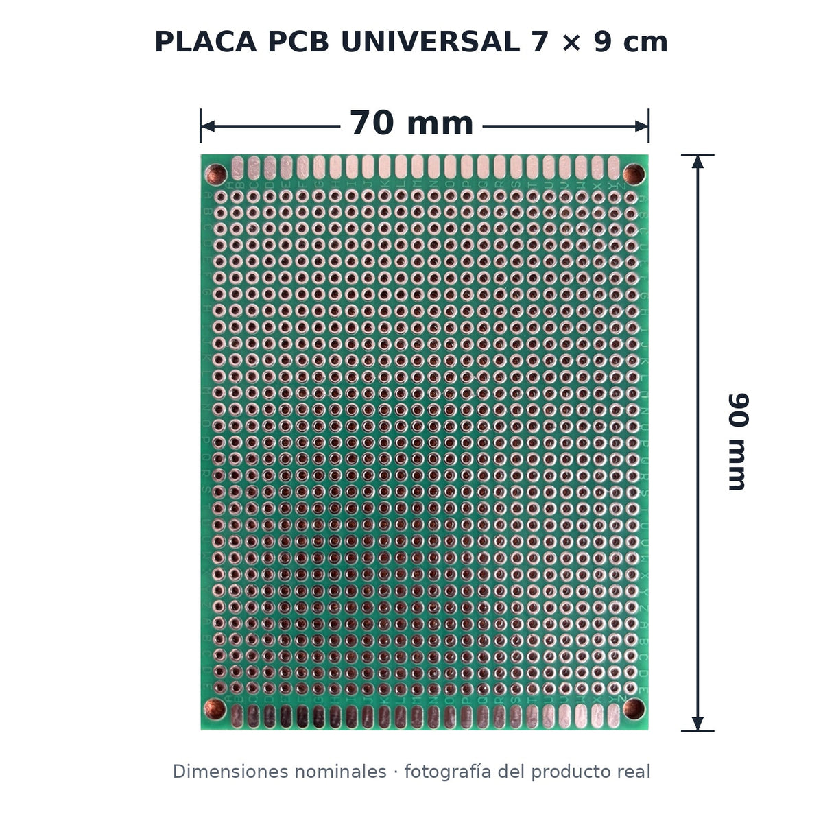 Dimensiones placa PCB 7 × 9 cm: 70 mm de ancho × 90 mm de alto