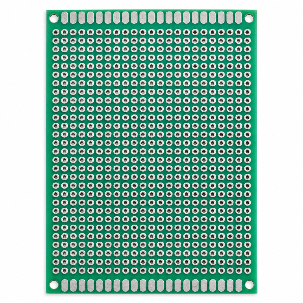 Placa PCB universal perforada verde sobre fondo blanco
